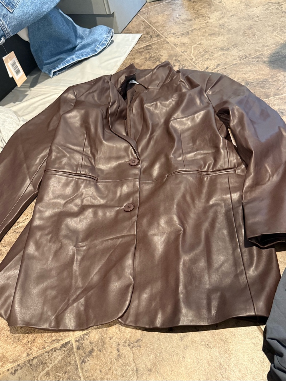 💙NWOT Women’s Brown Faux Leather Blazer Jacket
